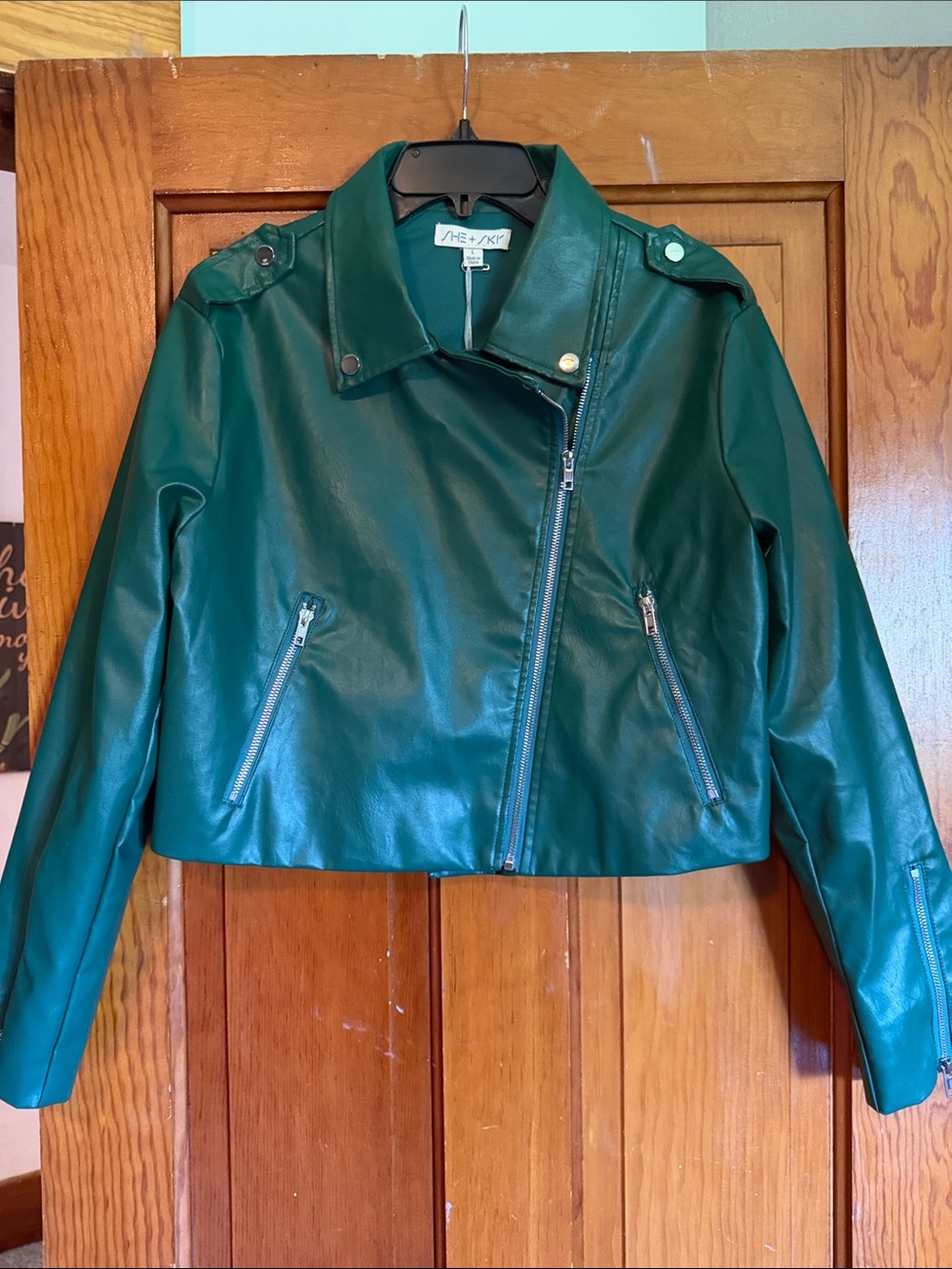 She + Sky Teal Green Faux Leather Moto Jacket